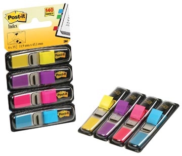 Index Post-It Smal 12x43mm geel, roze, paars, felblauw