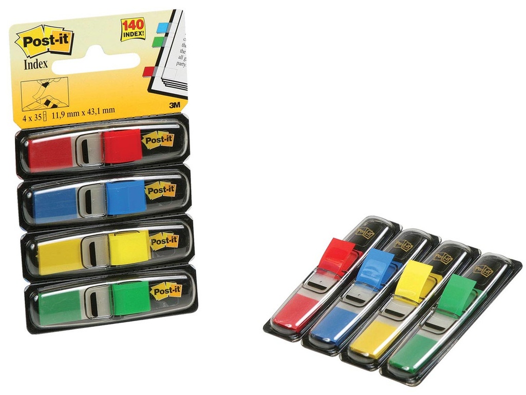 Index Post-It Smal 12x43mm rood, blauw, geel, groen voordeelpack 4+2 gratis