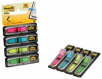 Index Post-It Pijlen 12x43mm roze, turkoois, geel, lichtgroen