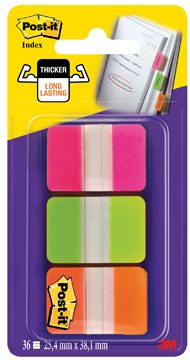 Index Post-It Strong 25,4x38mm transparant roze, lichtgroen en oranje blister (3)
