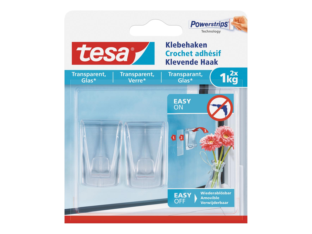 Ophanghaak Tesa zelfklevend op transparant en glas draagvermogen 1kg blister (2)