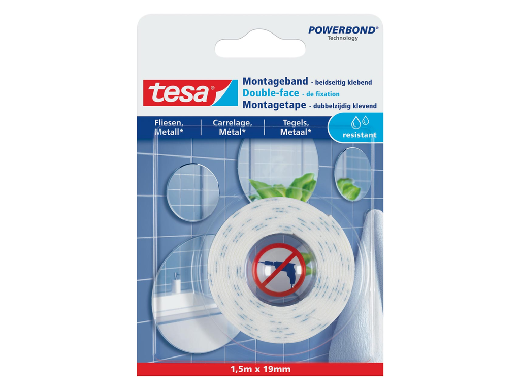 Dubbelzijdige montagetape Tesa Powerbond Tegels en Metaal Waterproof 19mmx1,5m
