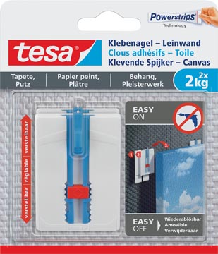 Kleefspijker Tesa Canvas draagkracht 2kg voor behang en pleisterwerk wit 2 spijkers en 6 strips