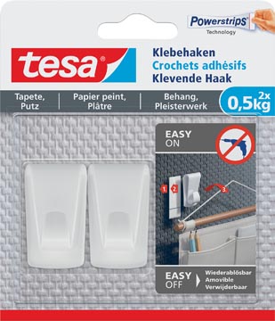 Kleefhaak Tesa Canvas draagkracht 500g voor behang en pleisterwerk wit 2 haken en 3 strips