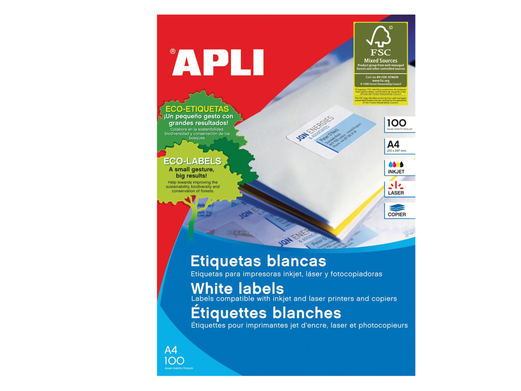 Etiketten Apli 210x297mm 01 etik/bl wit (100)(581281)