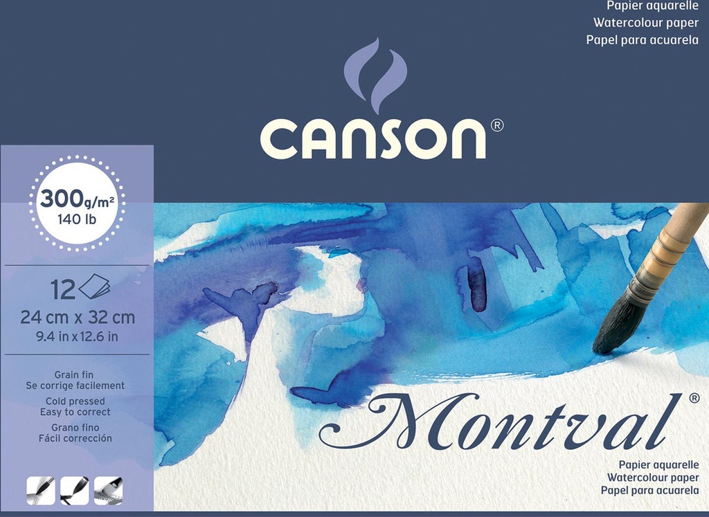 Aquarelpapierblok Canson Montval 24x32cm wit met fijne korrel 300g 12vel