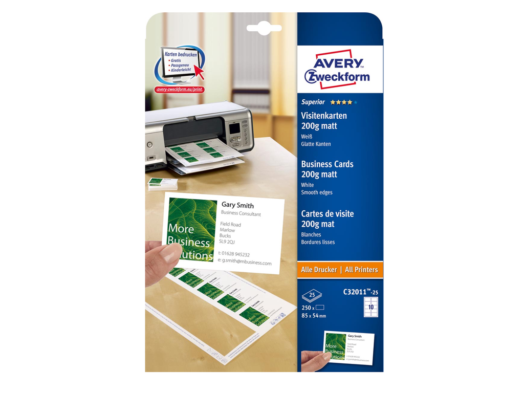Visitekaart Avery 10 kaarten/bl 85x54mm 200g mat (25)