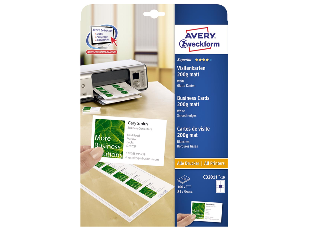 Visitekaart Avery 10 kaarten/bl 85x54mm 200g mat (10)