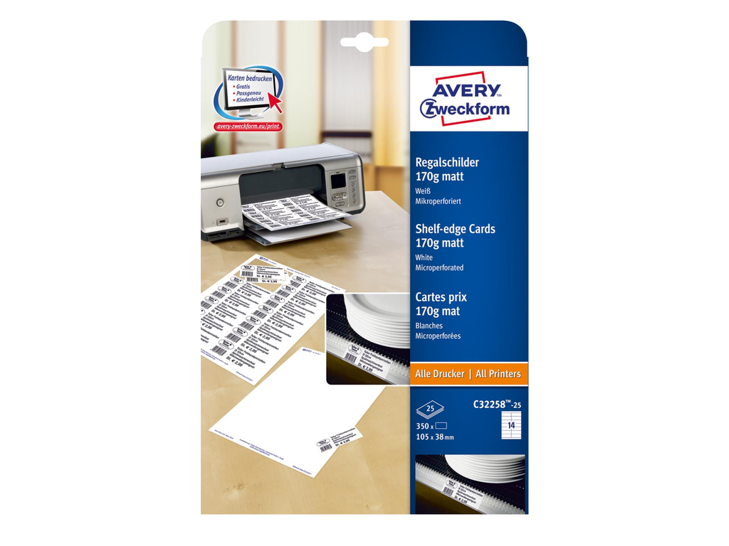 Schapkaart Avery 14 kaarten/bl 38x105mm 170g mat (25)