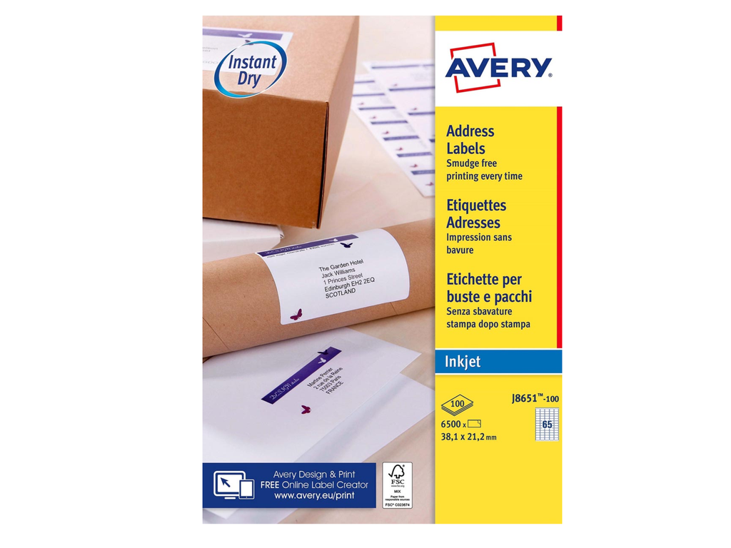 Etiketten Avery Address 65 etik/bl 38,1x21,2mm voor inkjet wit (100)