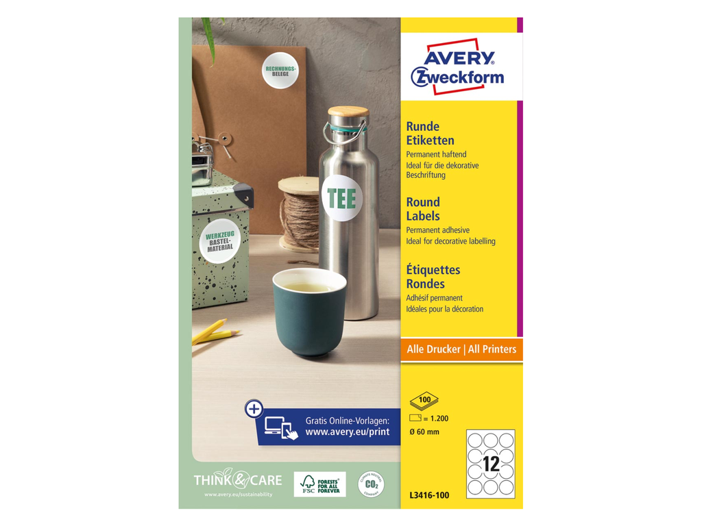Etiketten Avery permanent klevend 12 etik/bl Ø60mm wit (100)