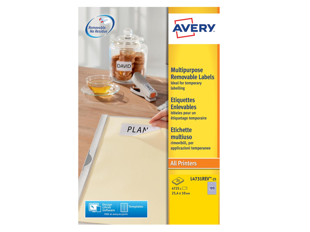 Etiketten Avery Removable 189 etik/bl 25,4x10mm wit (25)