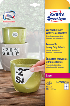 Etiketten Avery Removable Heavy Duty 04 etik/bl 99,1x139mm voor laser wit (20)