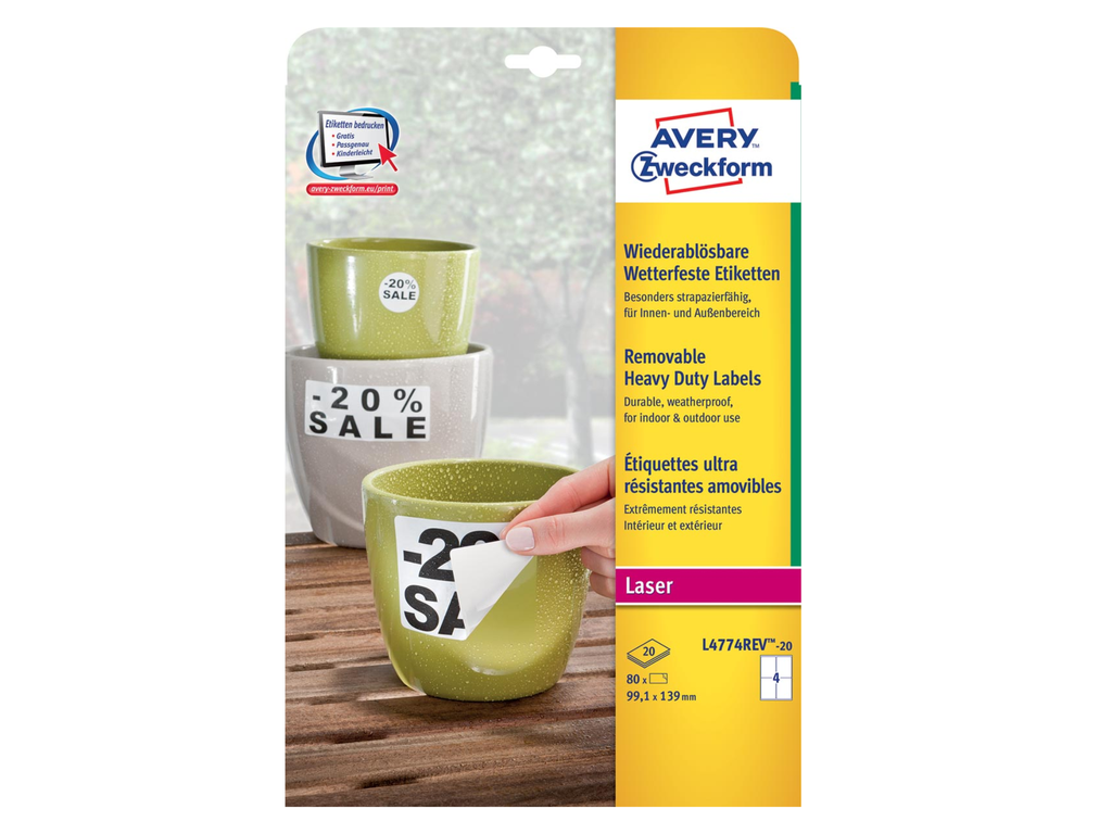 Etiketten Avery Removable Heavy Duty 04 etik/bl 99,1x139mm voor laser wit (20)