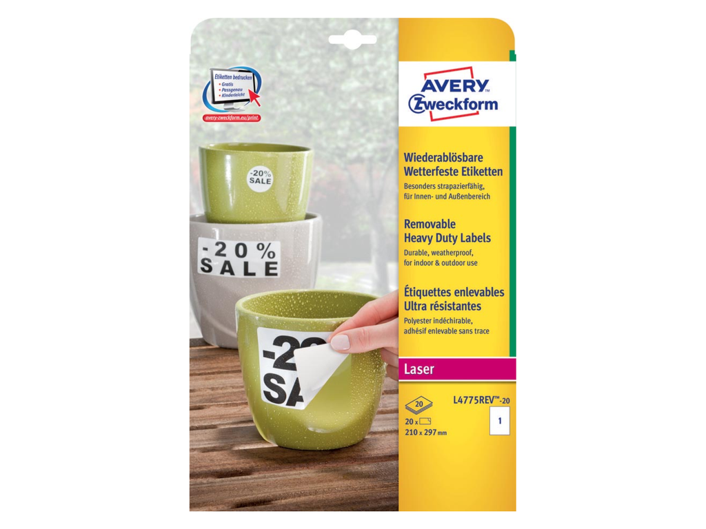 Etiketten Avery Removable Heavy Duty 01 etik/bl 210x297mm voor laser wit (20)