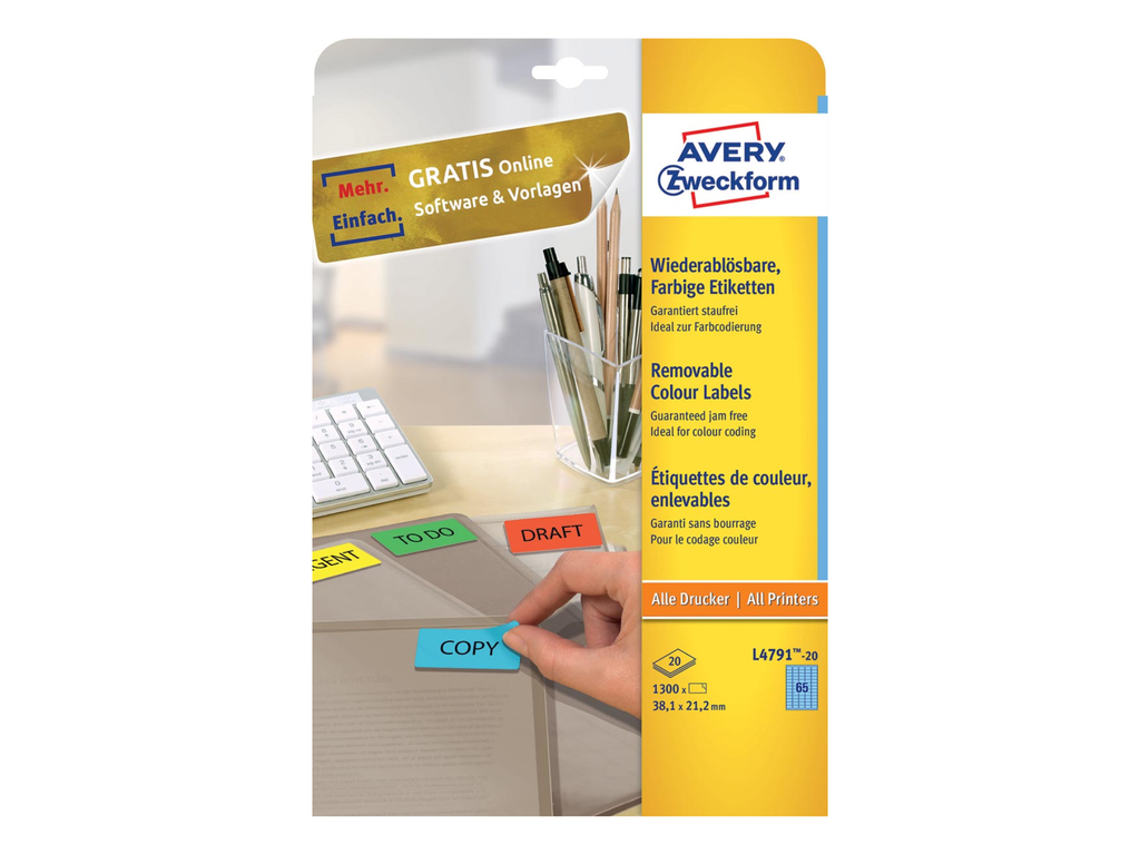 Etiketten Avery Removable 65 etik/bl 38,1x21,2mm blauw (20)