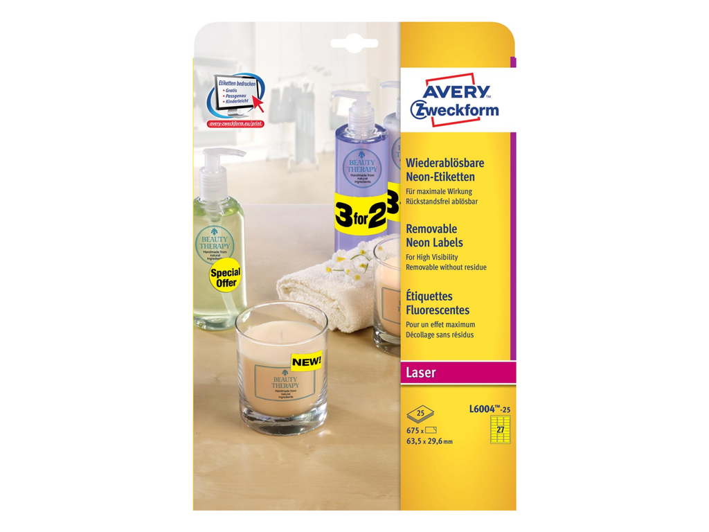 Etiketten Avery Removable 27 etik/bl 63,5x29,6mm voor laser fluo geel (25)