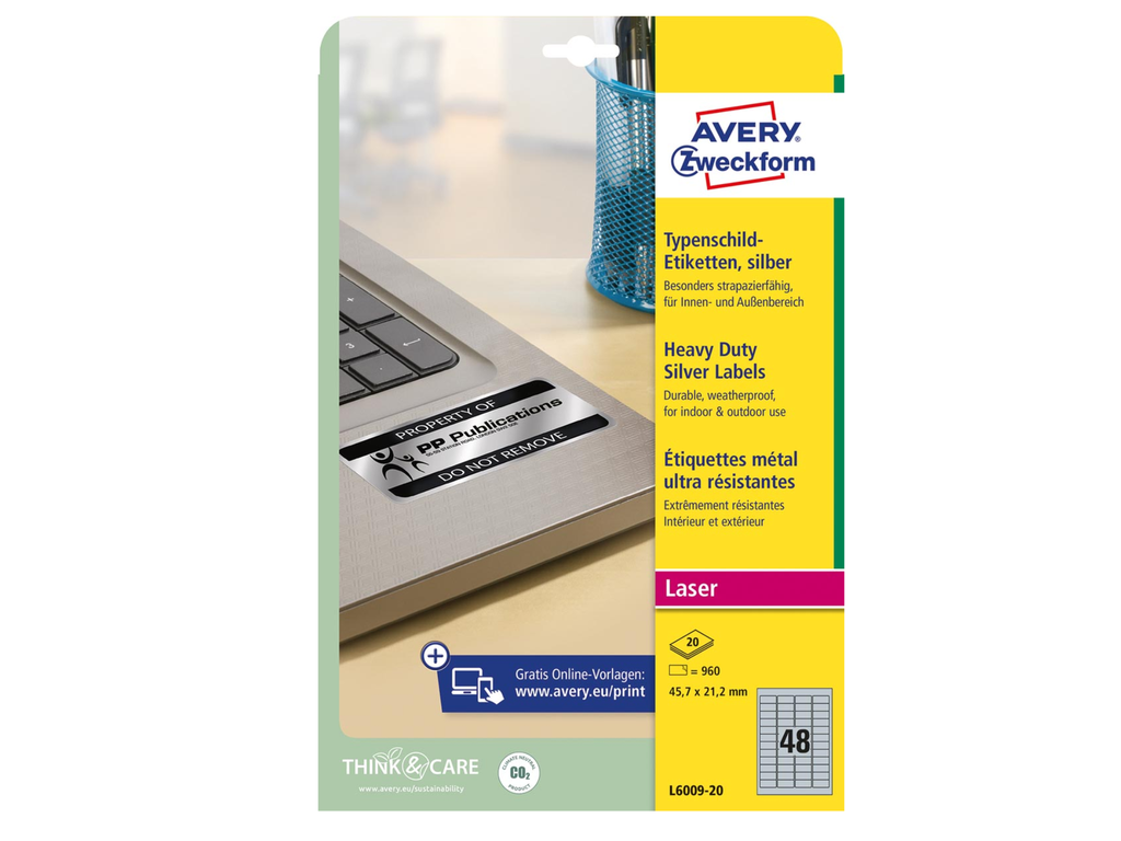Etiketten Avery Heavy Duty 48 etik/bl 45,7x21,2mm voor laser zilver (20)