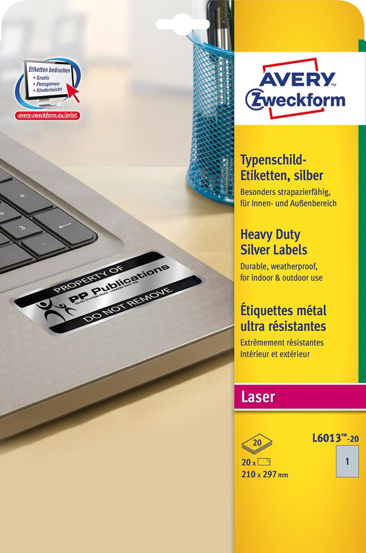 Etiketten Avery Heavy Duty 01 etik/bl 210x297mm voor laser zilver (20)