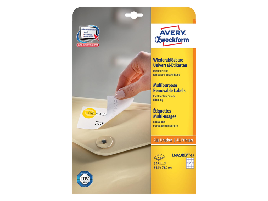 Etiketten Avery Removable 21 etik/bl 63,5x38,1mm wit (25)