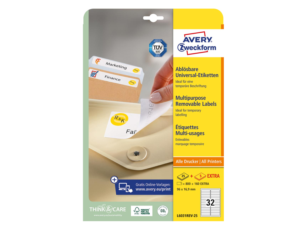 Etiketten Avery Removable 32 etik/bl 96x16,9mm wit (25)