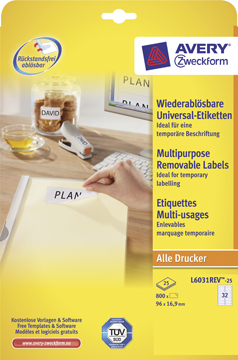 Etiketten Avery Removable 32 etik/bl 96x16,9mm wit (25)