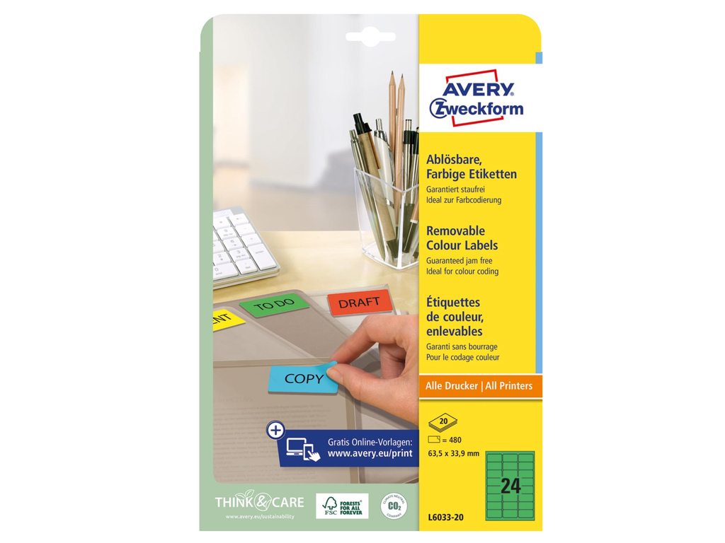 Etiketten Avery Removable 24 etik/bl 63,5x33,9mm groen (20)