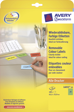 Etiketten Avery Removable 24 etik/bl 63,5x33,9mm groen (20)