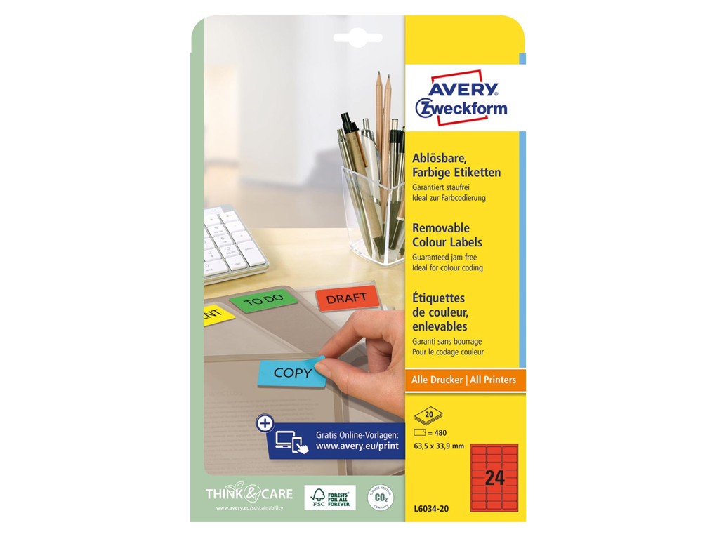 Etiketten Avery Removable 24 etik/bl 63,5x33,9mm rood (20)