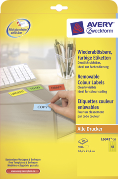 Etiketten Avery Removable 48 etik/bl 45,7x21,2mm geel (20)