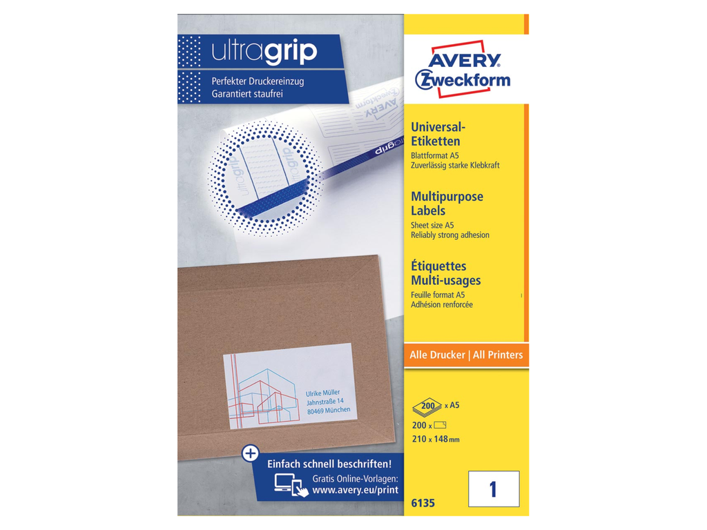 Etiketten Avery Universeel A5 01 etik/bl 210x148mm wit (200)