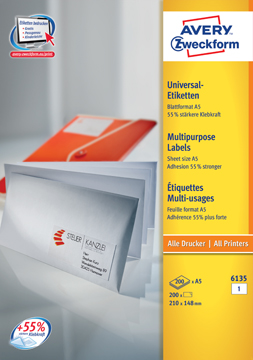 Etiketten Avery Universeel A5 01 etik/bl 210x148mm wit (200)