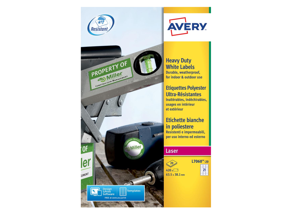 Etiketten Avery Heavy Duty 21 etik/bl 63,5x38,1mm voor laser wit (20)