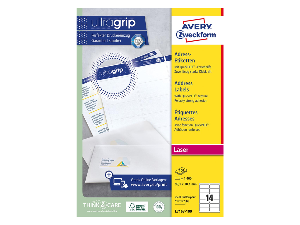 Etiketten Avery Address 14 etik/bl 99,1x38,1mm voor laser wit (100)