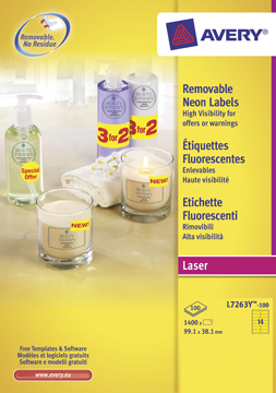 Etiketten Avery Removable 14 etik/bl 99,1x38,1mm voor laser geel (100)