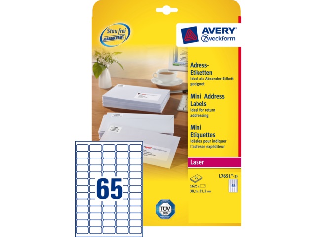 Etiketten Avery Address 65 etik/bl 38,1x21,2mm voor laser wit (100)