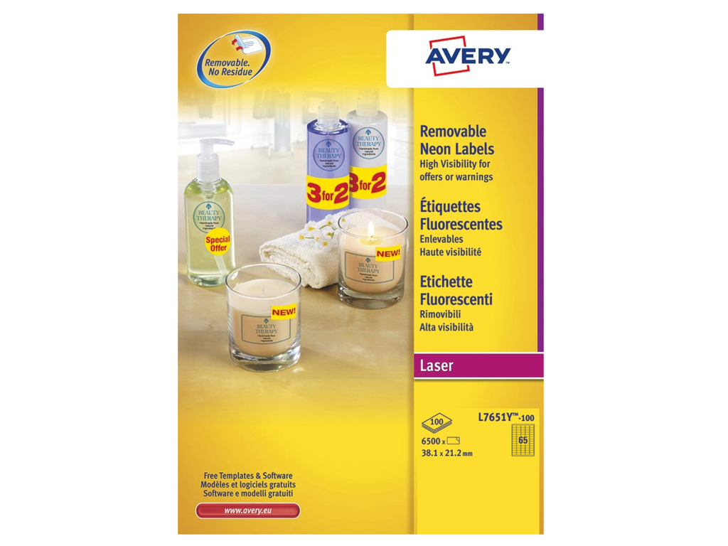 Etiketten Avery Removable 65 etik/bl 38,1x21,2mm voor laser fluo geel (100)