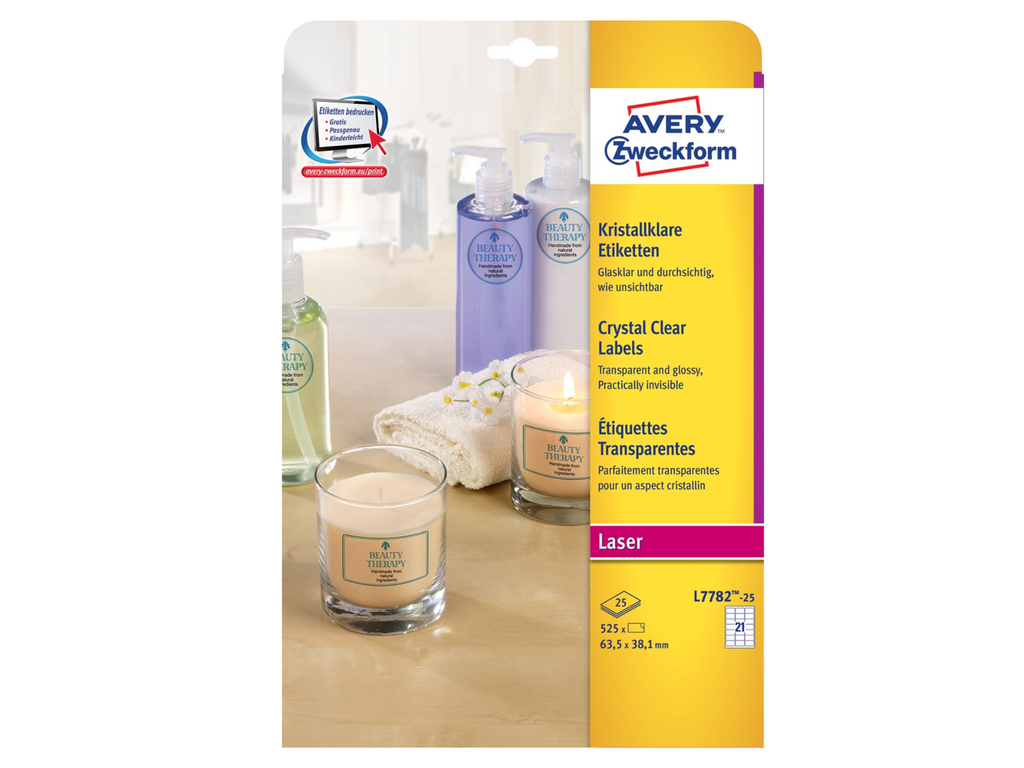 Etiketten Avery Clear 21 etik/bl 63,5x38,1mm voor laser transparant (25)