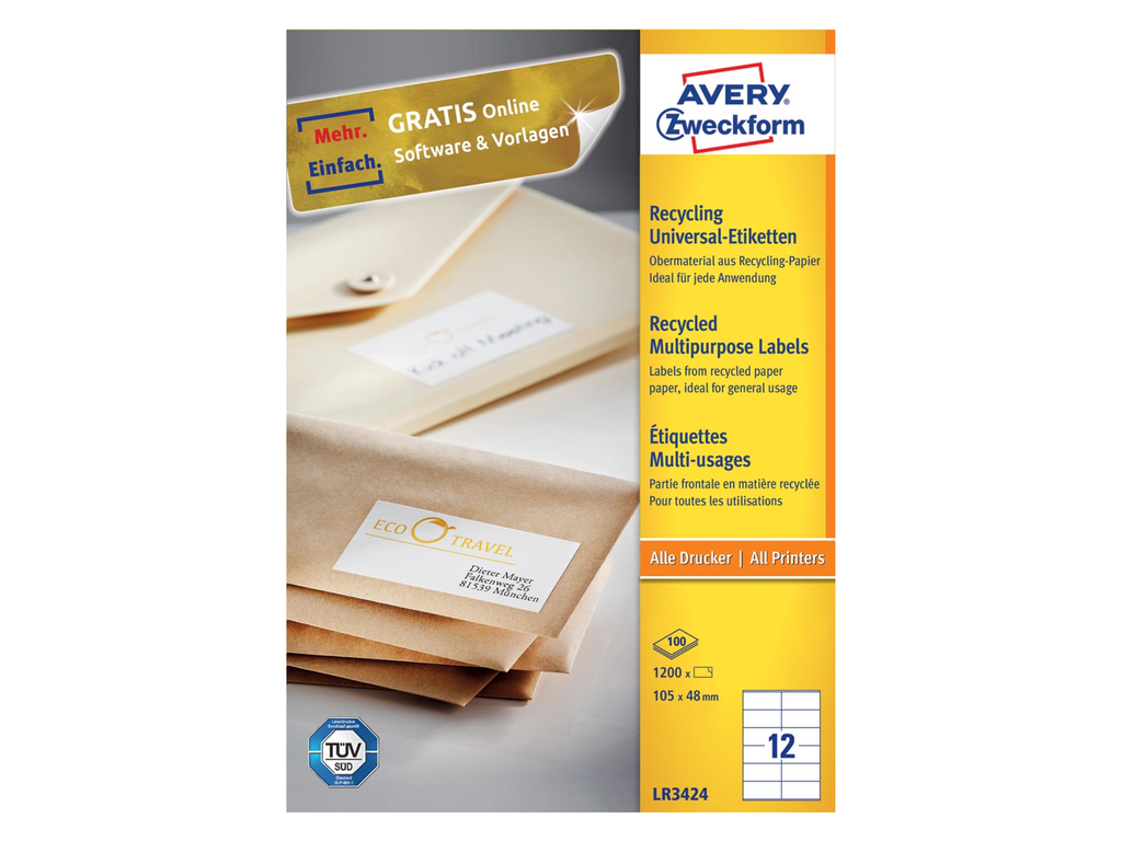 Etiketten Avery Recycled 12 etik/bl 105x48mm wit (100)