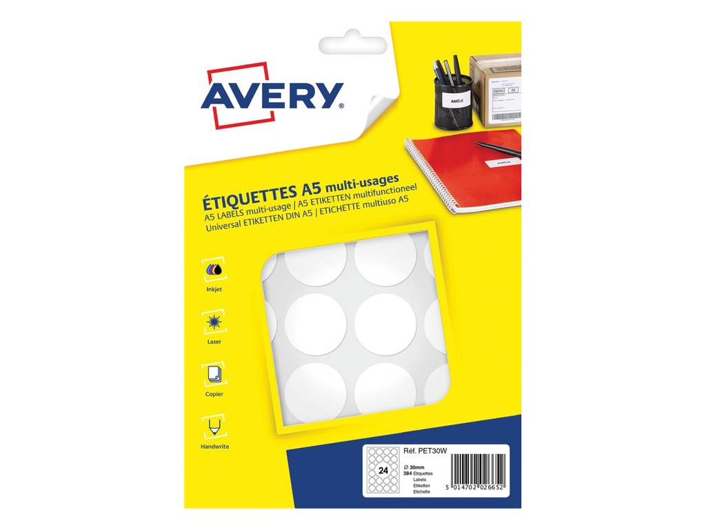 Markeringsetiket Avery 24 etik/bl. Ø30mm wit (16)