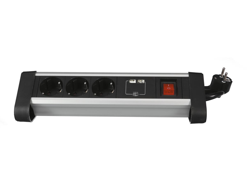 Contactdoos Perel met 3 stopcontacten 2 USB-poorten en schakelaar zwart BE
