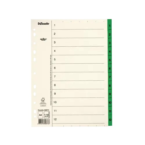 [ESS-69873] Tabbladen Esselte karton A4 107g 1-12 11-gaats groen