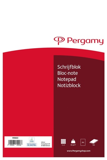 [TIM-990603] Schrijfblok Pergamy kopgeniet A4 100vel geruit 5mm