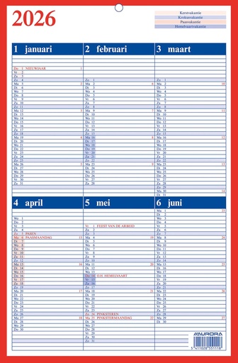 [TIM-111ST] Kalender Aurora Memento 10 met schoolvakanties 210mm x 330mm NL 2026