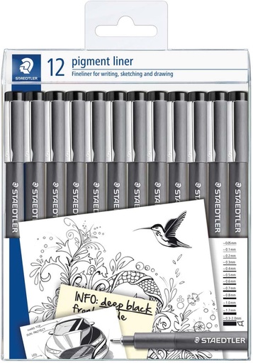 [TIM-308912] Fineliner Staedtler Pigment Liner set 0,05mm tot 2mm zwart (12)