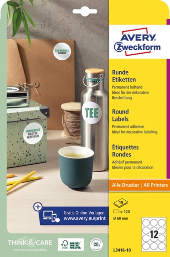 [TIM-341610] Etiketten Avery permanent klevend 12 etik/bl Ø60mm wit (10)