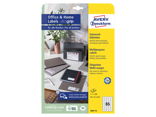 [TIM-366610] Etiket Avery universeel permanent klevend 65 etiket /bl 38x21,2mm wit (650)