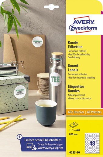 [TIM-6223P10] Etiket Avery rond Ø 30mm wit (480)