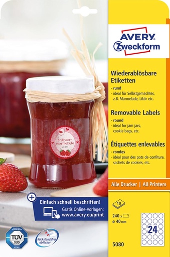 [TIM-A5080] Etiketten Avery afneembaar rond 24 etik/bl Ø40mm wit (10bl/doos)
