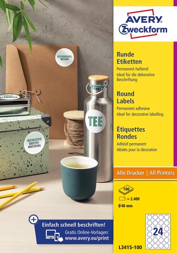 [TIM-L341510] Etiketten Avery rond permanent klevend 24 Etiketten/blad Ø40mm wit (10bl/doos)